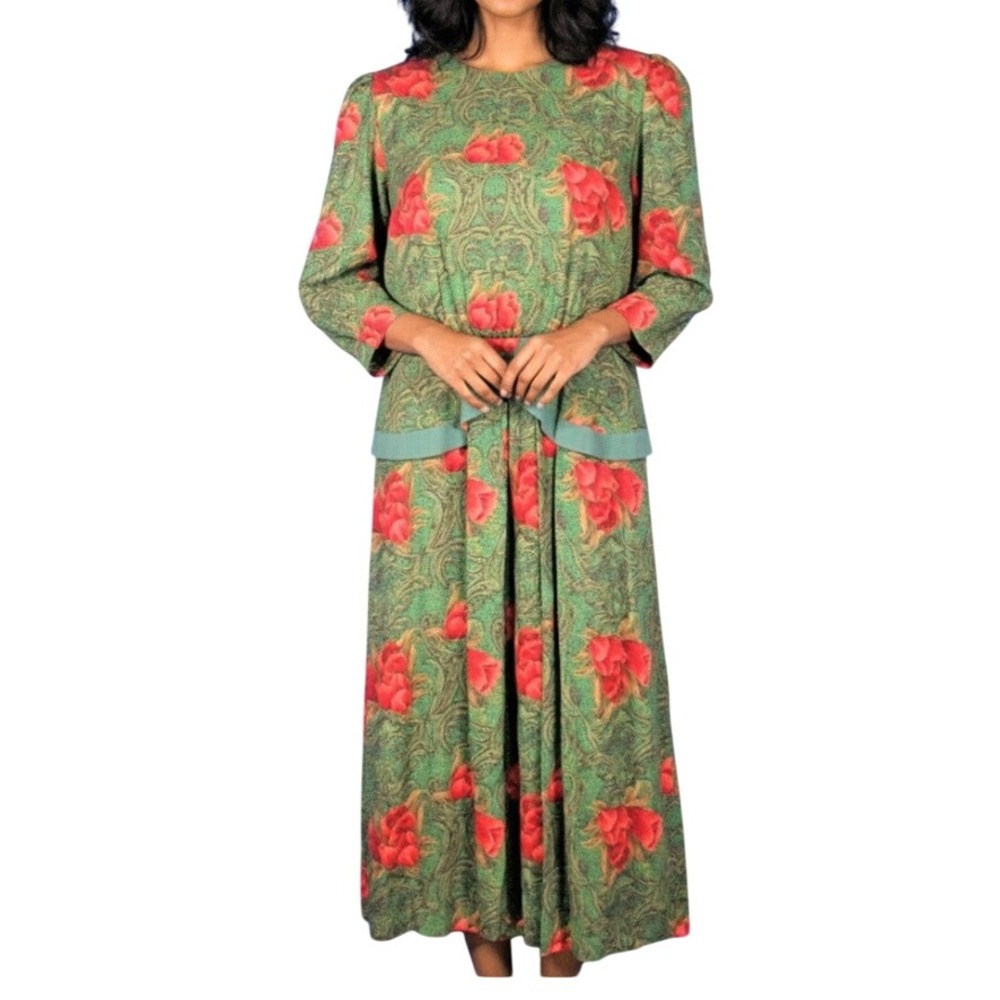 LISA II Rayon Challis VTG PLEATED w/PEPLUM DRESS Green w/Red Roses SECRETARY 8